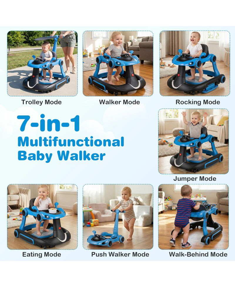6-in-1 Baby Walker and Activity Center with Canopy, Music and Rocker