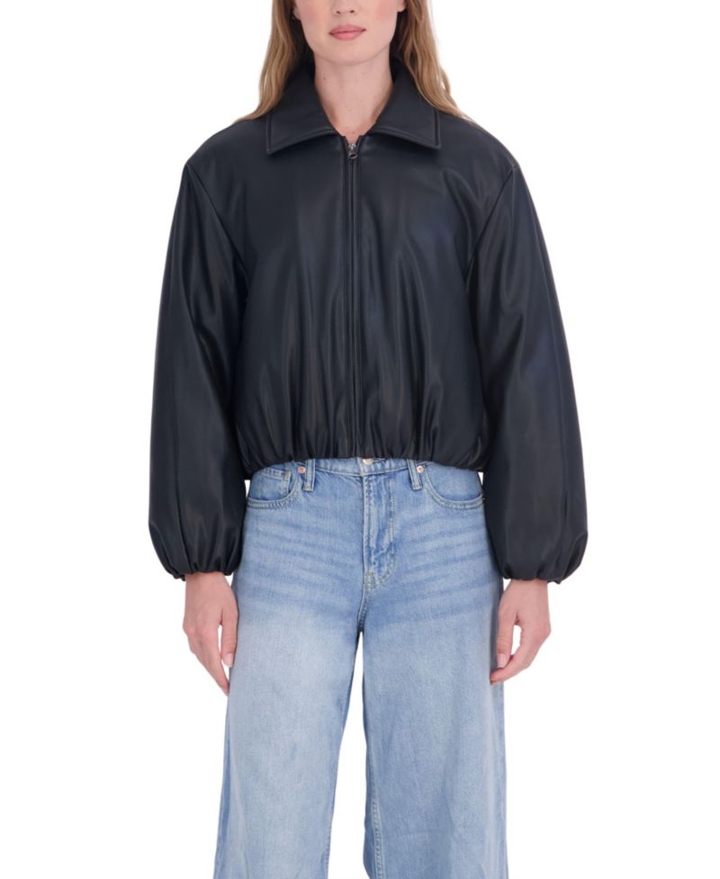 Women's Bubble Hem Bomber Faux Leather Coat