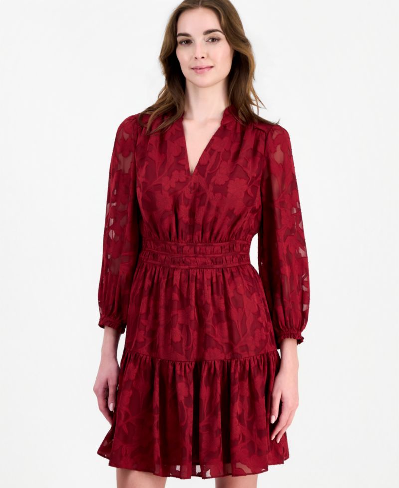 Women's V-Neck Long-Sleeve Tiered Ruffle Dress