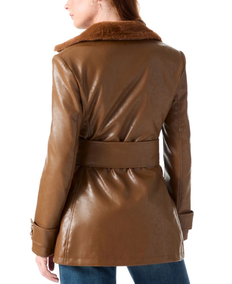Women's Faux-Fur-Collared Belted Faux-Leather Trench Coat