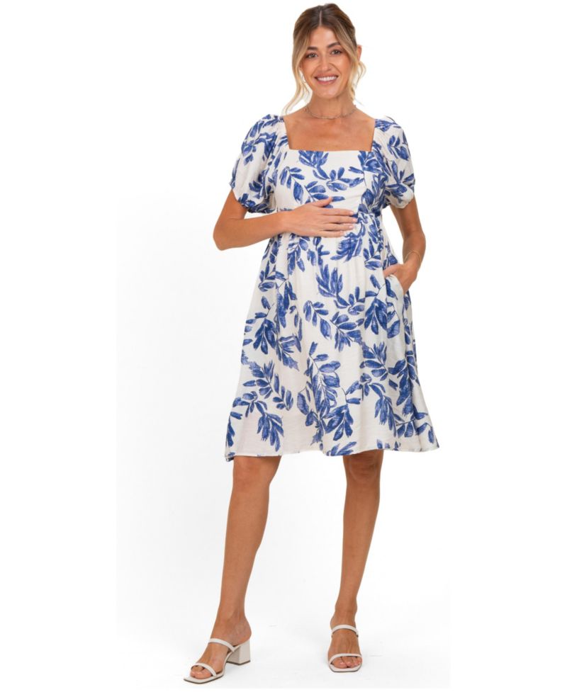 Women's Blue Floral Puff Sleeve Dress