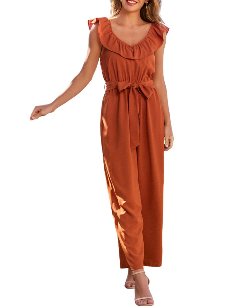 Women's Ruffle Waist Tie-Front Wide Leg Jumpsuit