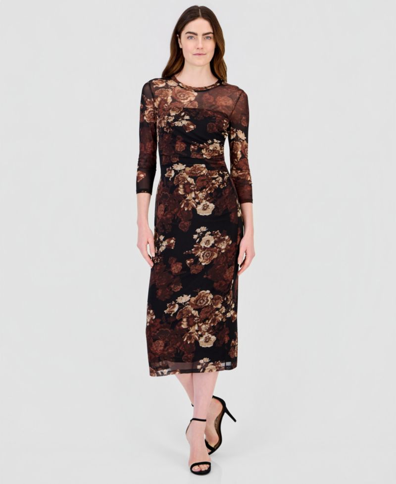 Women's Floral-Print Mesh Side-Ruched Midi Dress