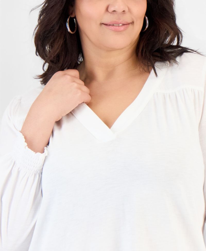 Plus Size Smocked-Cuff Long-Sleeve V-Neck Top
