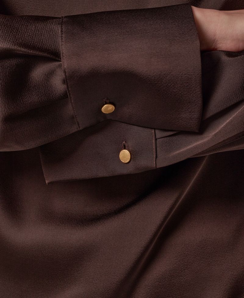 Women's Long-Sleeve Satin V-Neck Collared Blouse