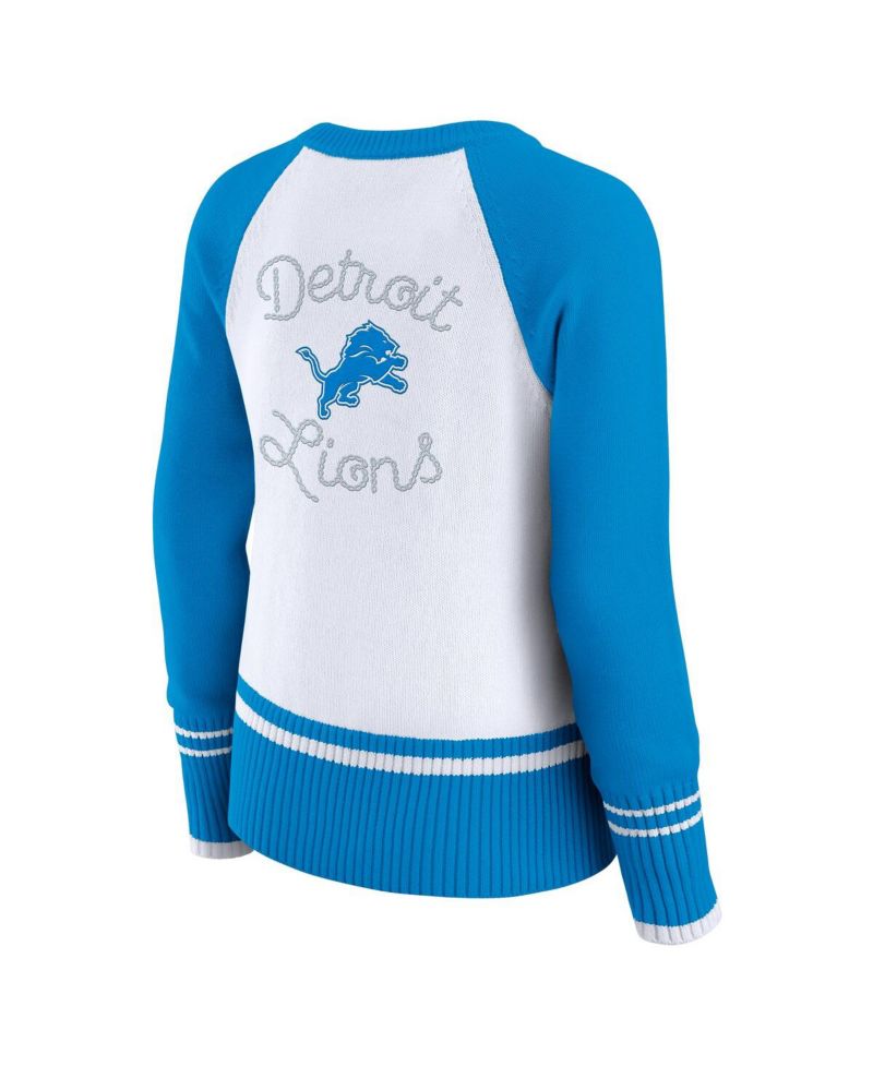 Women's White/Blue Detroit Lions Color Block Raglan Sweater