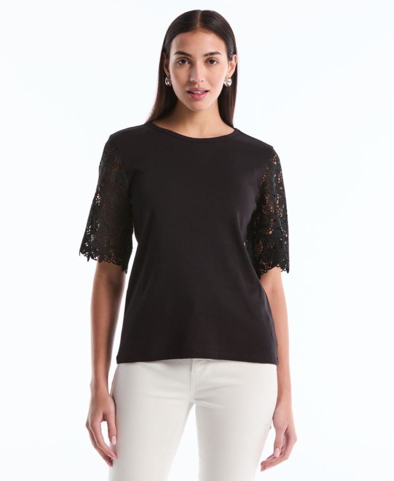 Petite Draped Lace Crew Neck Top