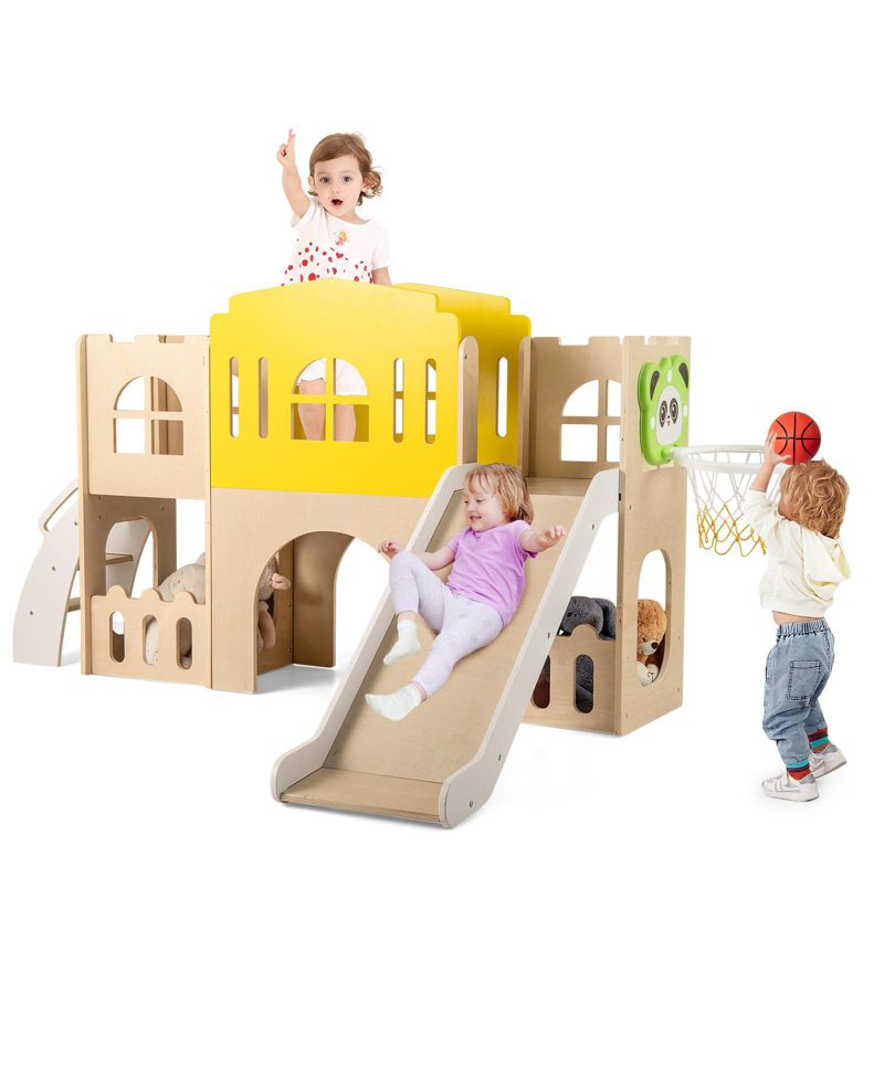 Kids 7-in-1 Slide Playset with Climber and Basketball Hoop