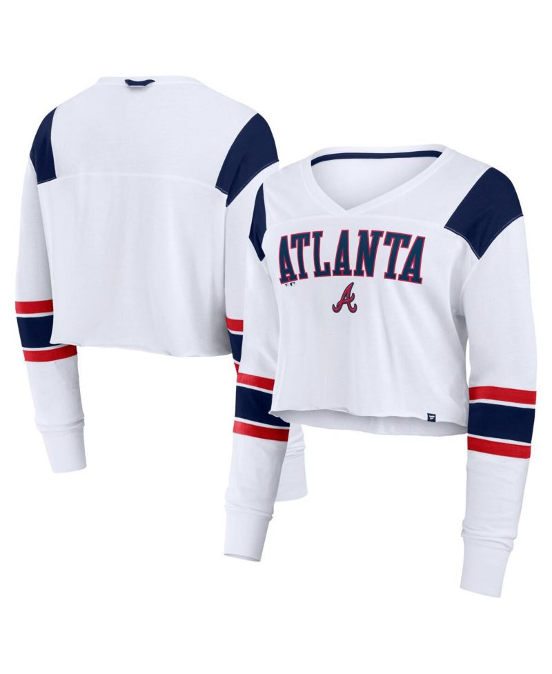 Women's White Atlanta Braves Stretch Cropped Fashion Long Sleeve T-Shirt
