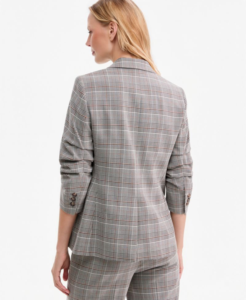 Women's Check Notch-Collar Scrunch-Sleeve Blazer