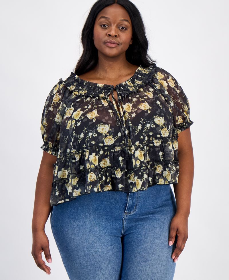 Trendy Plus Size Tie-Front Puff-Sleeve Top