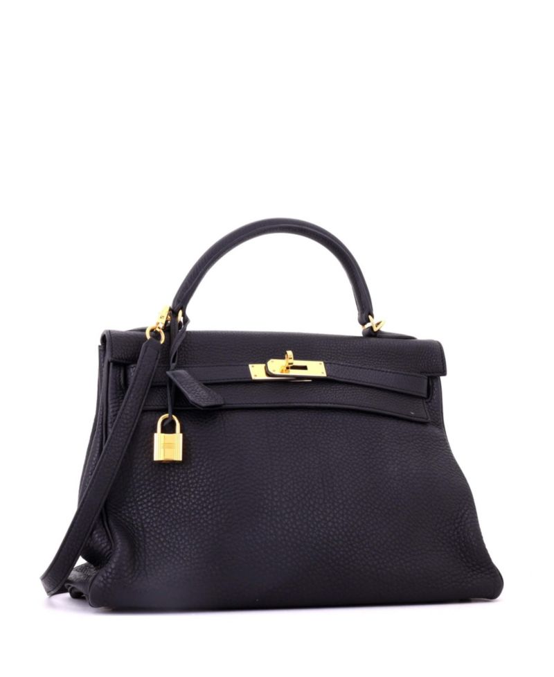Pre-Owned Hermes Kelly 32 Handbag Black Togo with Gold Hardware