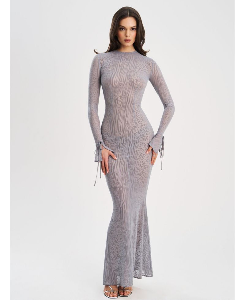 Women Waylynn Gray Animal Print Burnout Velvet Detail Mesh Backless Maxi Dress