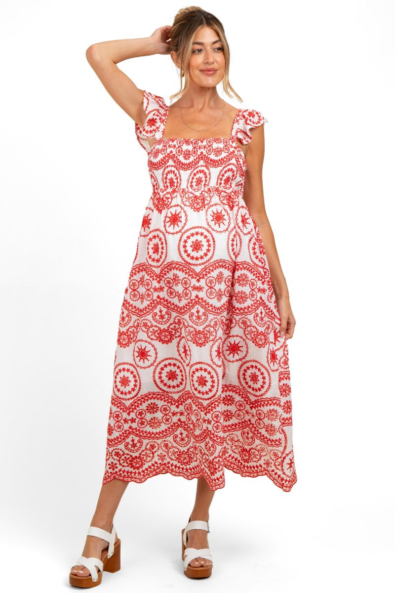 Women's Red Embroidered Smocked Cutout Midi Dress