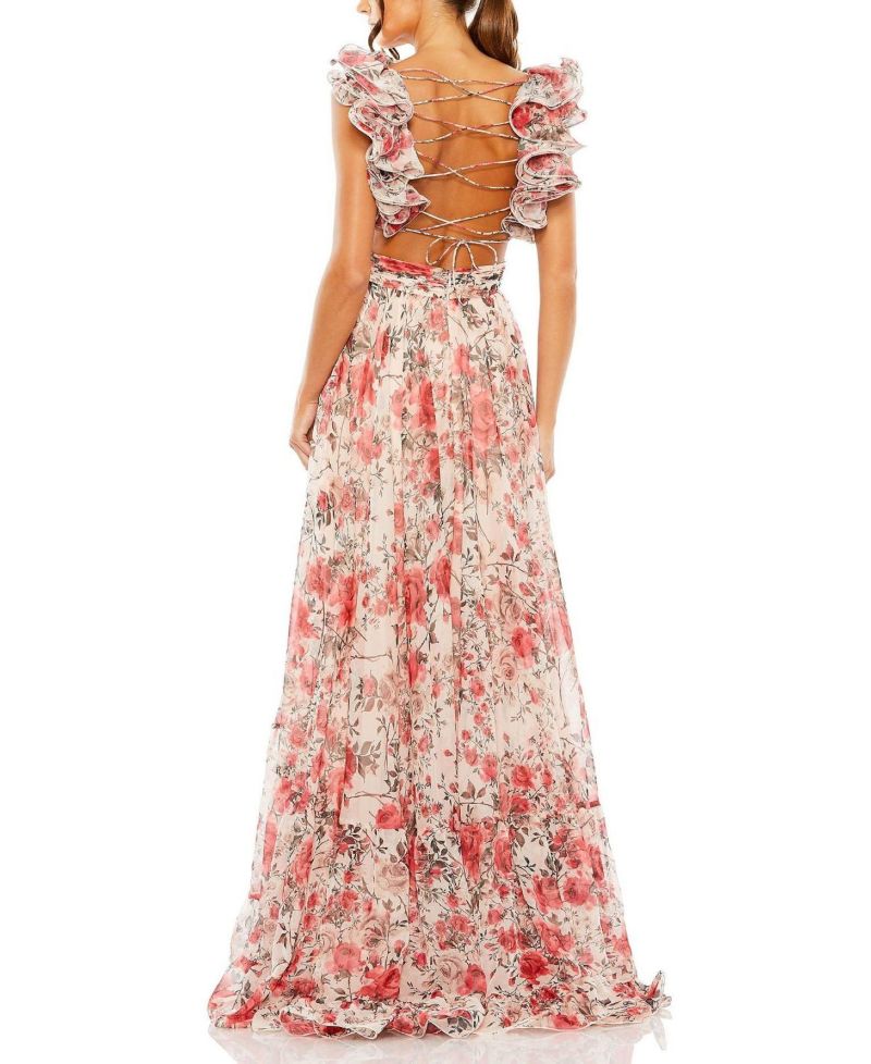 Women's Ruffle Tiered Floral Cut-Out Chiffon Gown