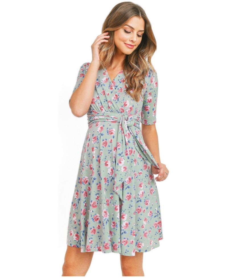 Women's Materntiy Floral V-Neck Nursing Wrap Dress with Tie Waist