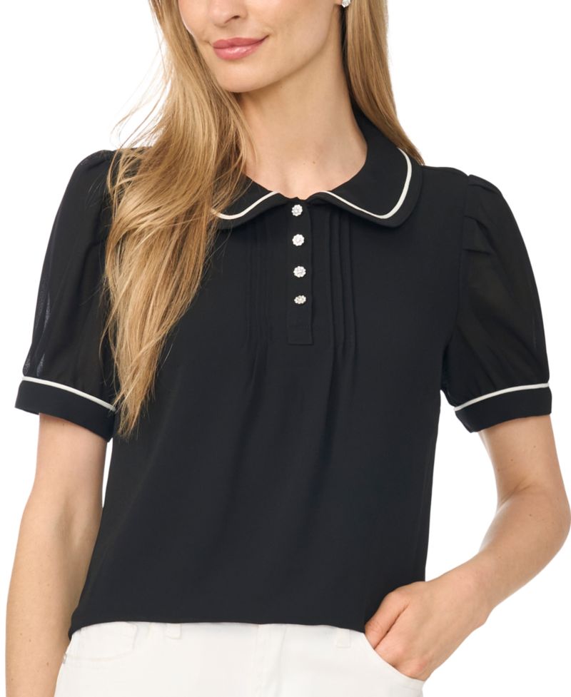 Women's Puff Short-Sleeve Pintuck Pleat Peter Pan Collar Top