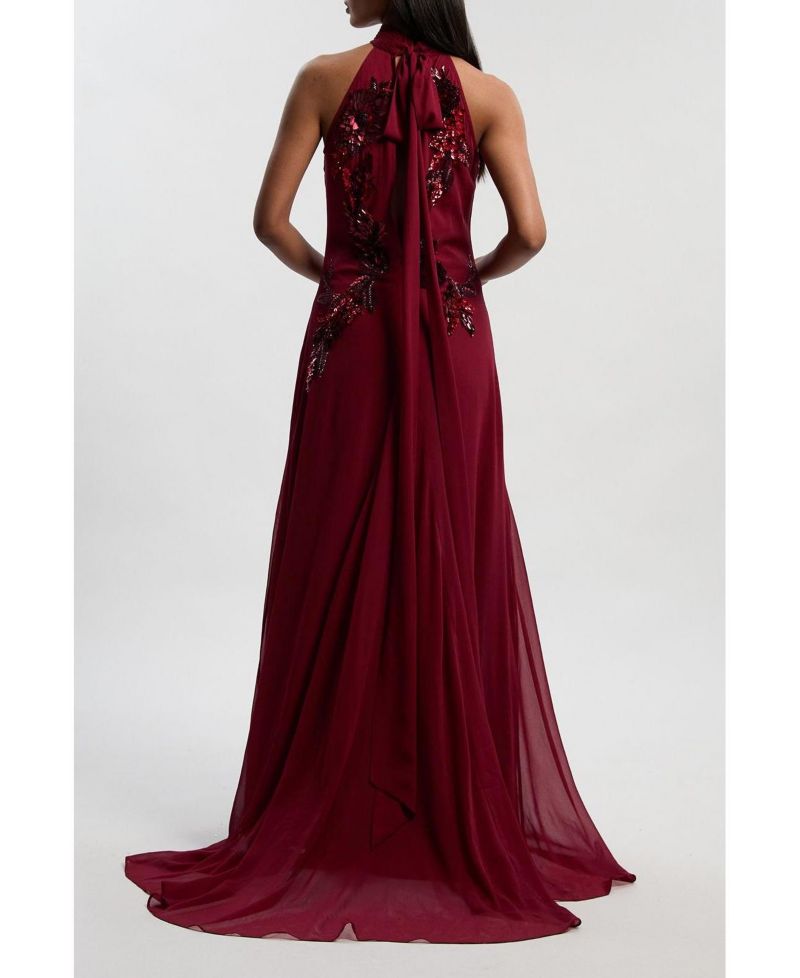 Women's Feather Halter Maxi Dress