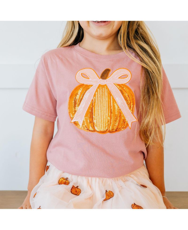 Little Girls Coquette Pumpkin Sequin Patch Short Sleeve T-Shirt