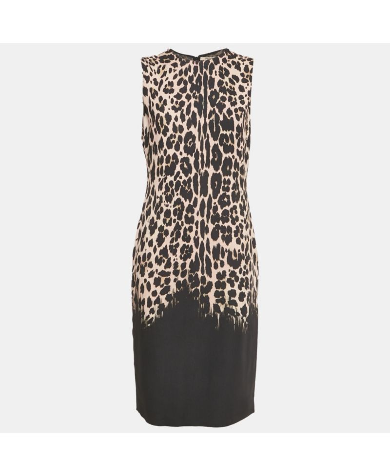 Women's Black Leopard Print Crepe Sleeveless Midi Dress