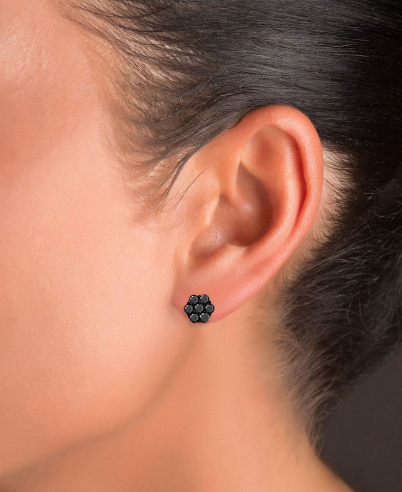 Black Spinel Flower Stud Earrings in Black Rhodium Over Sterling Silver