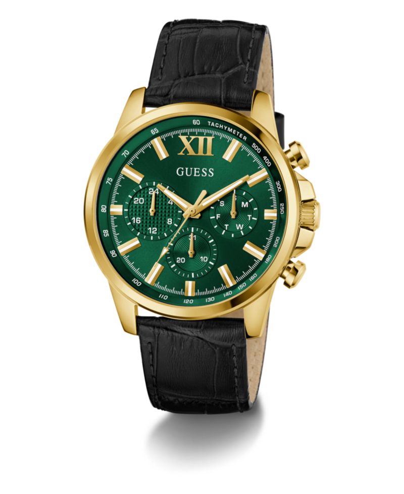Men's Multifunction Black Genuine Leather Watch, 44mm
