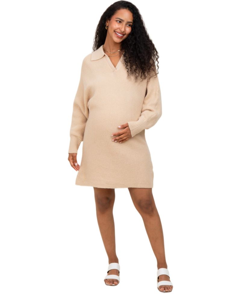 Women's Taupe Chunky Knit Collared Sweater Dress