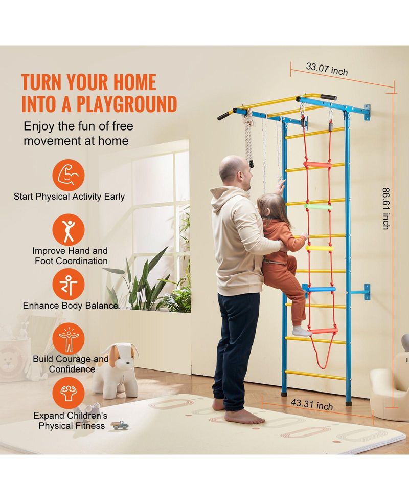 Toddler 5 in 1 Steel Indoor Wall Gym with Climbing Toys Ladder and Swing Set