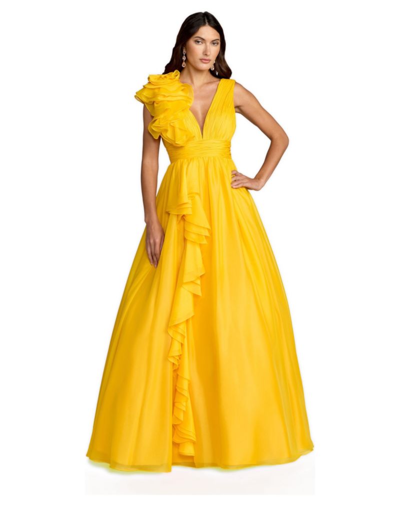 Women’s One-Shoulder Ruffle Ball Gown with Plunging V-Neck