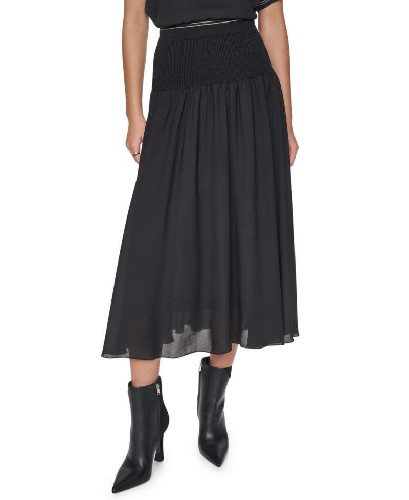 Women's Contrast Stitch Mixed-Media High-Waisted Midi Skirt