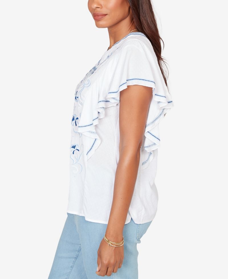 Petite Feather-light Embroidered Flutter-Sleeve T-Shirt