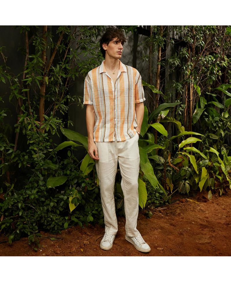 Men's Coral Orange & Saltbox Beige Multitrack Knit Oversized Shirt