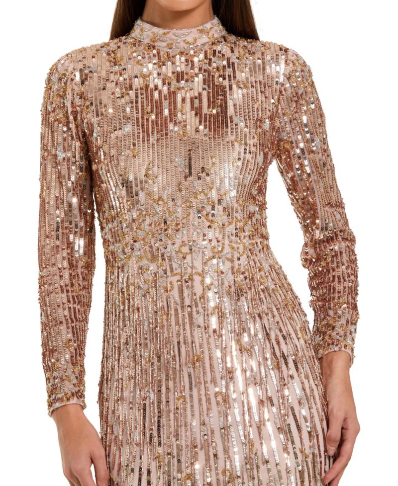 Women's Long-Sleeve Ombre Sequin Fringe Gown
