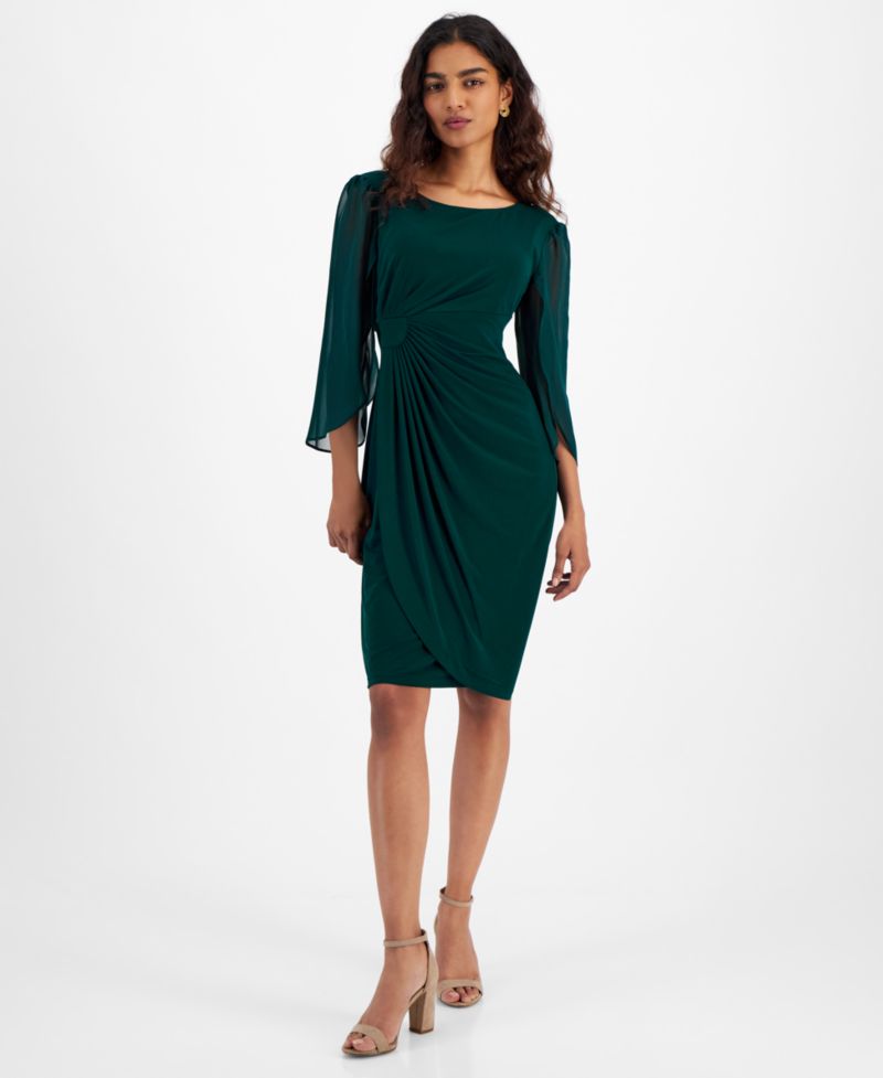 Petite Chiffon Cape-Sleeve Sheath Dress