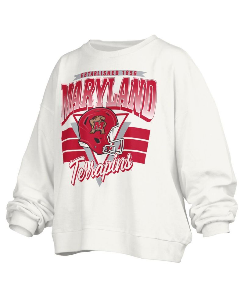 Women's White Maryland Terrapins Janice Retro Logo Oversized Pullover Sweatshirt