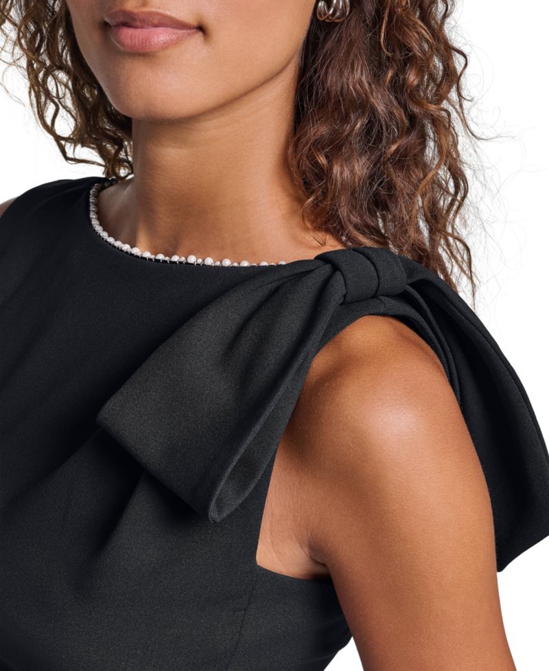 Women's Scuba Crepe Imitation Pearl Trim Crewneck Sheath Dress