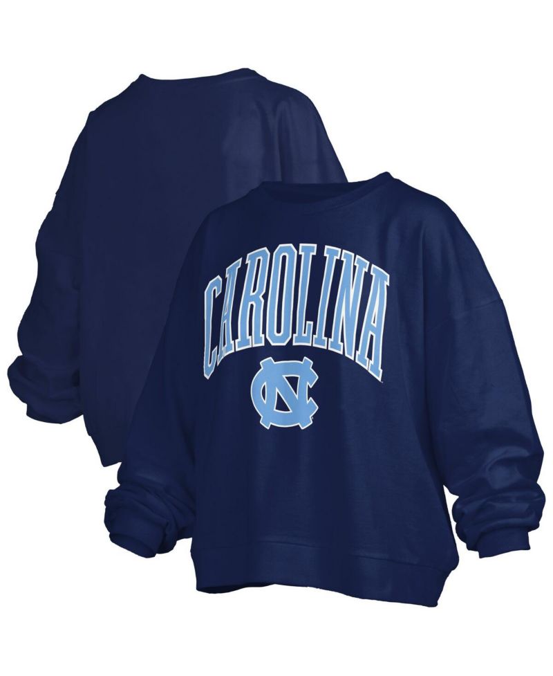 Women's Navy North Carolina Tar Heels Janise Arch Over Logo Waist Length Oversized Pullover Sweatshirt