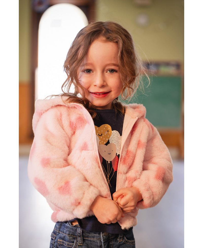 Baby Girl (12M - 24M) Hooded Full Zip Faux Fur Jacket Printed with Hearts