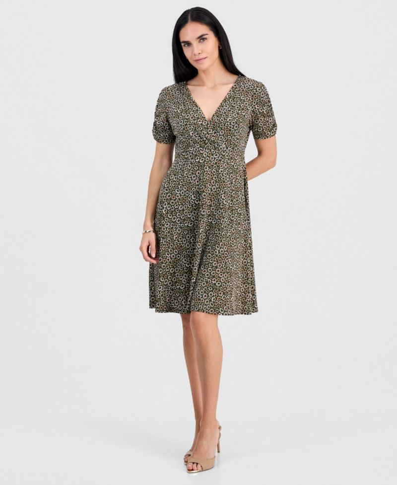 Petite Ruched-Sleeve Crossover-Neck Dress