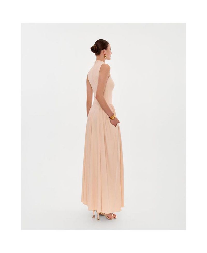 Womens Nude Sleeveless Mock Neck Dress with a Pleated Maxi Skirt