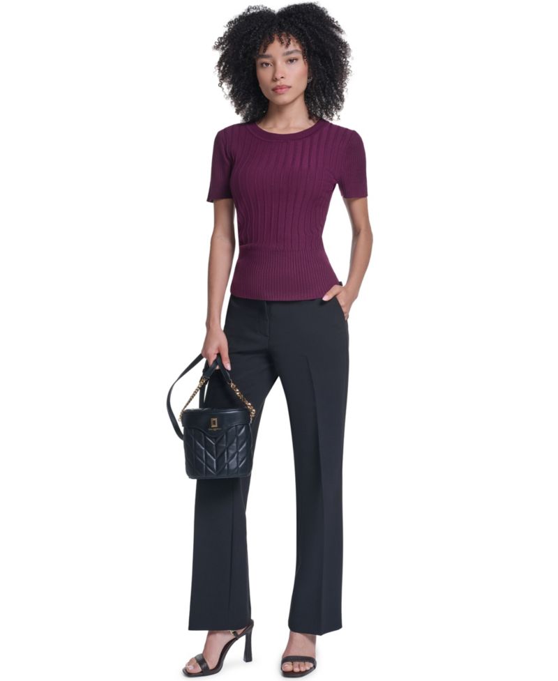 Petite Short-Sleeve Crewneck Ribbed Sweater