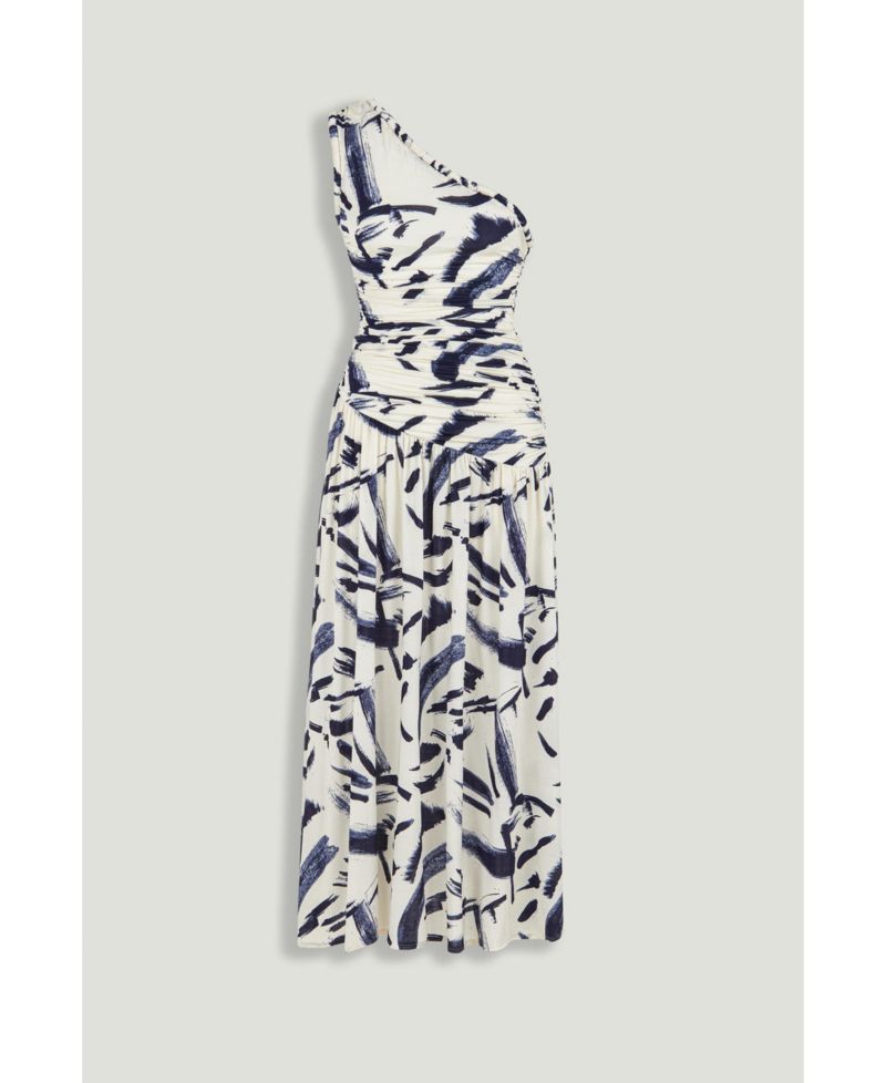 Women's Printed One-Shoulder Draped Midi Dress