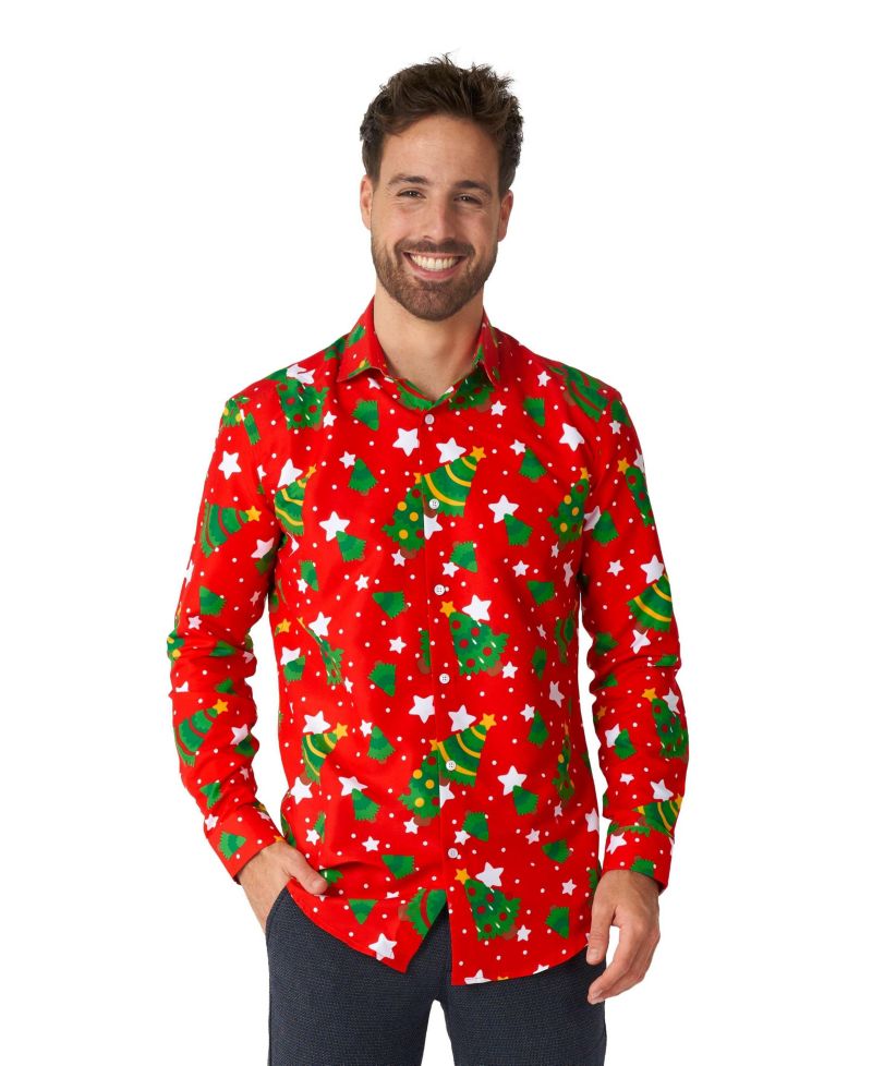 Men's Christmas Dress Shirt - Festive X- Mas Outfit Slim Fit Green - Long sleeve