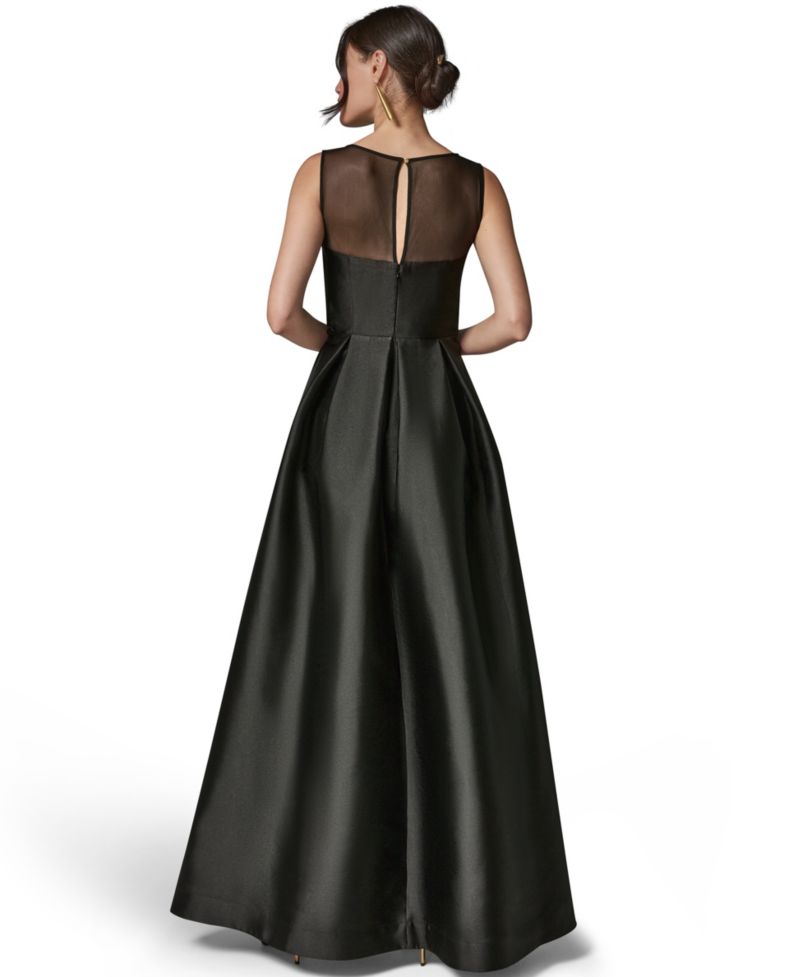 Women's Sleeveless Pleated Illusion-Neckline Gown