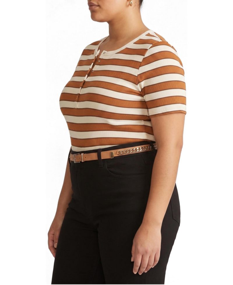Plus Size Henley Short Sleeve Ribbed Tee
