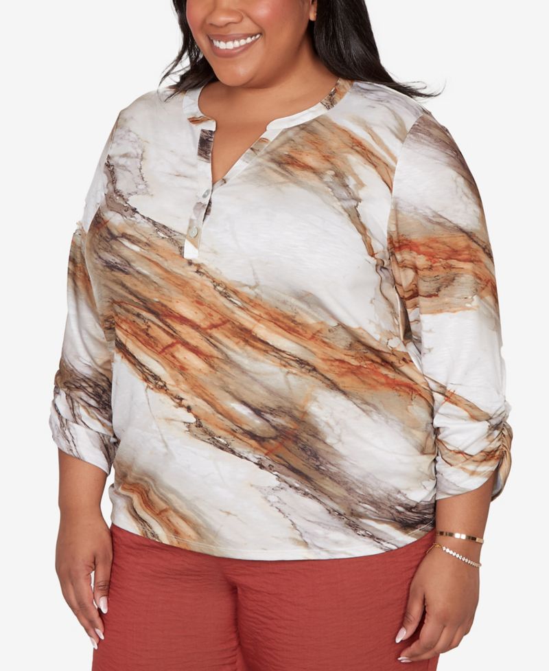 Plus Size Spice Market Marble Print Split Neck Top