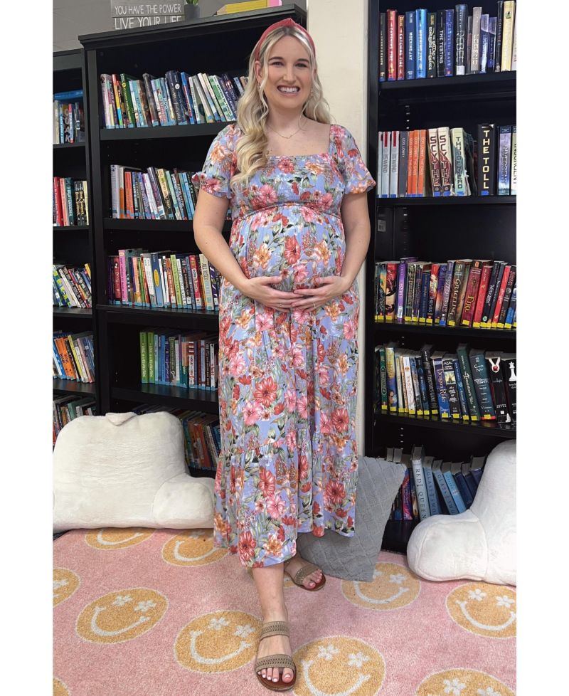 Women's Blue Floral Smocked Square Neck Tiered Maxi Dress