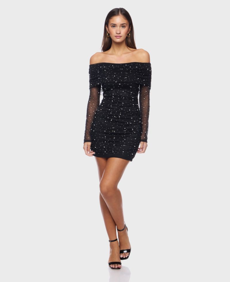 Juniors Off-the-Shoulder Short Dress with Long Sleeves and Pearl Detail